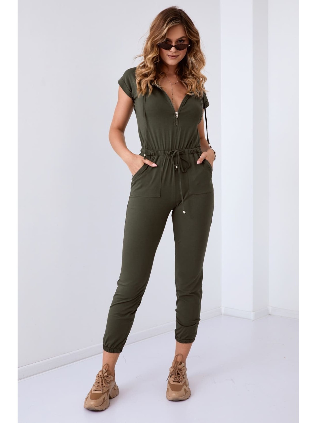 Khakifarbener Damen-Overall mit Kapuze FK622 – Online-Shop – Boutique